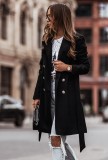 Winter Black Turndown Collar Elegant Long Coat with Matching Belt