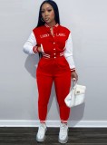 Winter Letter Print Red Button Up Tracksuit