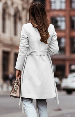 Winter White Turndown Collar Elegant Long Coat with Matching Belt