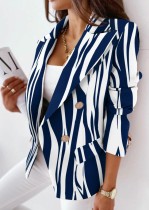 Winter Stripes Print Knit Turndown Collar Blazer Coat