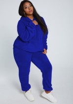Winter Casual Blue Plush Hoody Top and Pants 2PC Set