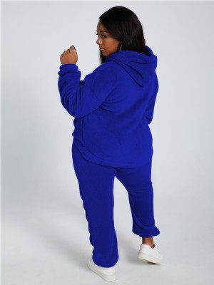 Winter Casual Blue Plush Hoody Top and Pants 2PC Set