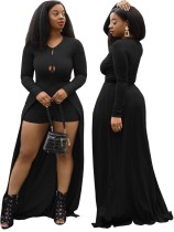 Autumn Party Black Slit Long Top and Matching Shorts Set
