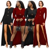Autumn Party Red Slit Long Top and Matching Shorts Set