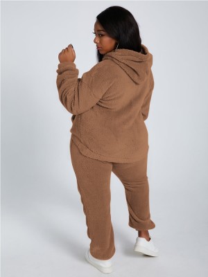 Winter Casual Brown Plush Hoody Top and Pants 2PC Set