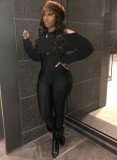 Winter Black Two Piece Knit Top and Tight Pants Set