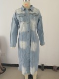 Winter Light Blue Distressed Ripped Long Sleeve Long Denim Jacket