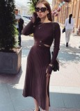 Winter Brown Knit Crop Top and Slit High Waist Long Skirt 2PC Set