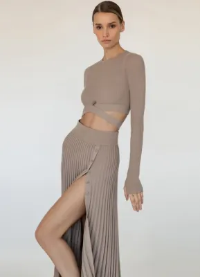 Winter Light Khaki Knit Crop Top and Slit High Waist Long Skirt 2PC Set