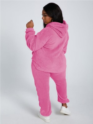 Winter Casual Pink Plush Hoody Top and Pants 2PC Set