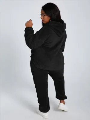 Winter Casual Black Plush Hoody Top and Pants 2PC Set