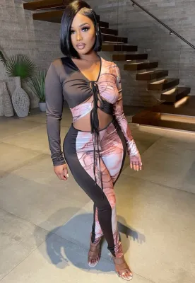 Autumn Party Print Contrast Color Cut Out Jumpsuit