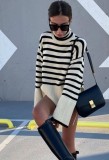 Winter Stripes Print Turtleneck Oversizes Pullover Sweater