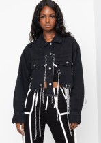 Autumn Black Chains Long Sleeve Cropped Denim Jacket