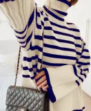 Winter Stripes Print Turtleneck Oversizes Pullover Sweater