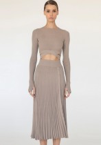 Winter Light Khaki Knit Crop Top and Slit High Waist Long Skirt 2PC Set