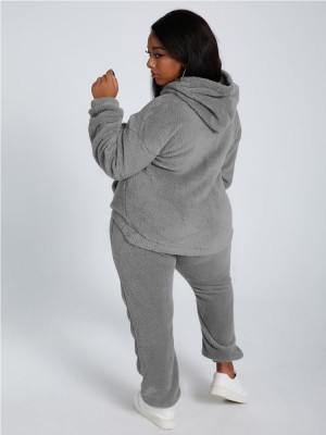 Winter Casual Grey Plush Hoody Top and Pants 2PC Set