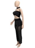 Winter Party Black Beading Sexy Bandeau Top and Pants, Matching Choker 3PC Set