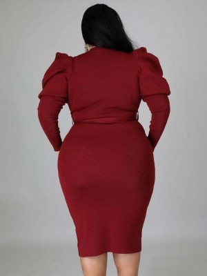 Winter Plus Size Red Crew Neck Long Bodycon Dress with Belt