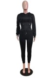 Winter Sports Black Bustier Crop Top and Sweatpants 2PC Hooded Tracksuit