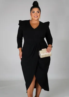 Autumn Plus Size Black V-Neck Wrap Hem Irregular Party Dress