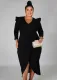 Autumn Plus Size Black V-Neck Wrap Hem Irregular Party Dress