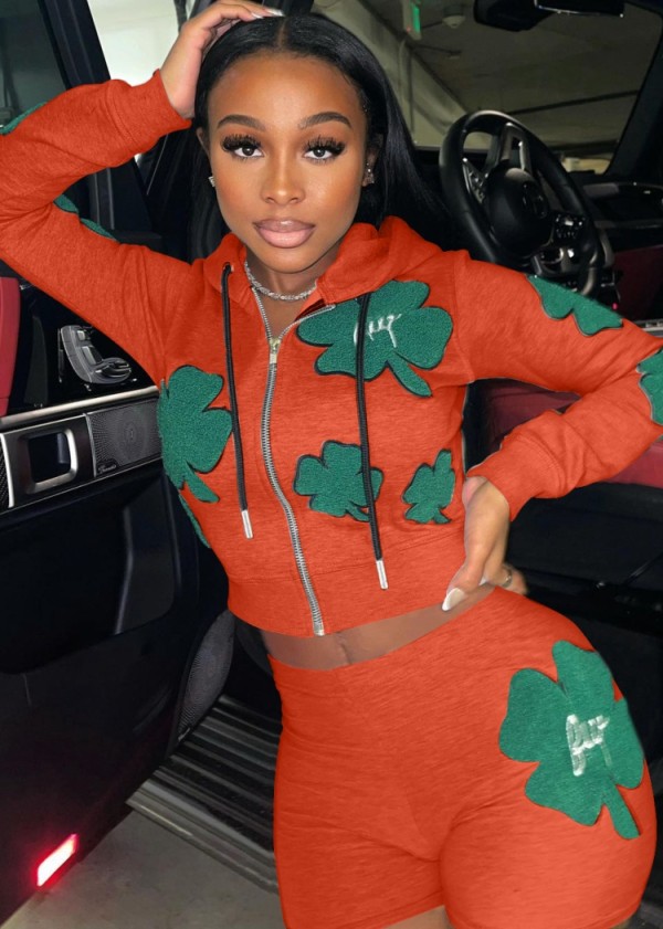 Autumn Sports Print Crop Top and Shorts 2PC Hoodies Tracksuit