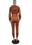 Winter Sports Brown Bustier Crop Top and Sweatpants 2PC Hooded Tracksuit