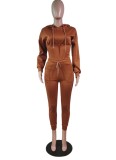 Winter Sports Brown Bustier Crop Top and Sweatpants 2PC Hooded Tracksuit