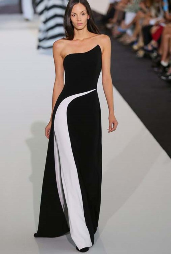 Autumn Occassional White and Black Strapless Long Gown