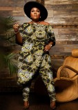 Autumn Plus Size Print Off Shoulder Irregular Shirt and Pants 2PC Set