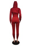Winter Sports Burgunry Bustier Crop Top and Sweatpants 2PC Hooded Tracksuit