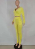 Autumn Sports Yellow Crop Top and Sweatpants 2PC Hoody Tracksuit