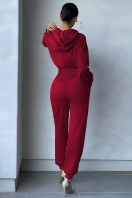 Winter Sports Burgunry Bustier Crop Top and Sweatpants 2PC Hooded Tracksuit