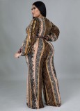 Autumn Plus Size Leopard Print V-Neck Formal Jumpsuit with Belt