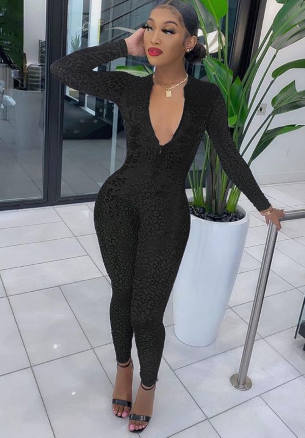 Winter Party Sexy Leopard Print Black Zipper Tight Jumpsuit