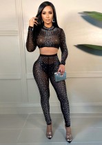 Winter Party Black Beading Sexy Long Sleeve Crop Top and Pants 2PC Set