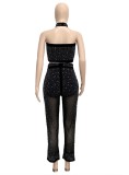 Winter Party Black Beading Sexy Bandeau Top and Pants, Matching Choker 3PC Set