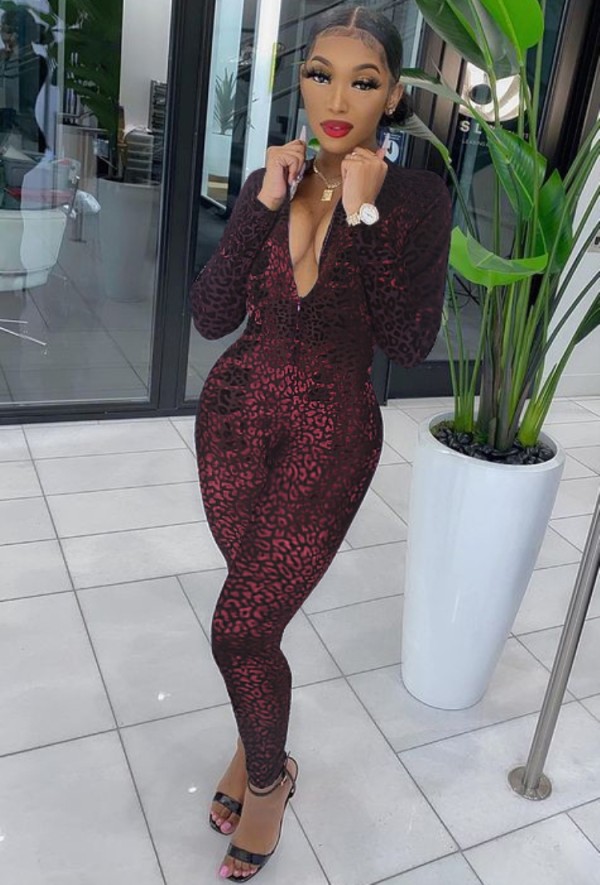 Winter Party Sexy Leopard Print Burgunry Zipper Tight Jumpsuit