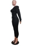 Winter Sports Black Bustier Crop Top and Sweatpants 2PC Hooded Tracksuit