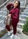 Winter Burgunry Zipper Jacket and Sweatpants 2PC Velvet Tracksuit