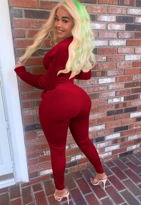 Winter Casual Red Velvet Crop Top and Pants 2 Piece Tracksuit