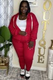 Fall Plus Size Casual Red Zipper Hooded Two Piece Tracksuits