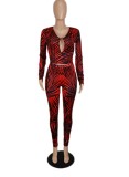 Winter Party Print Red Sexy Tight Keyhole Top and Pants Set
