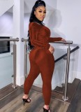 Autumn Party Sexy Brown Keyhole Turtleneck Bodycon Jumpsuit