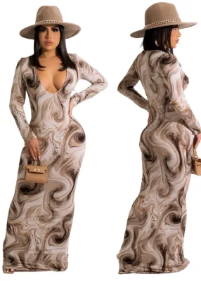 Autumn Print V-Neck Long Sheath Dress with Full Sleeves