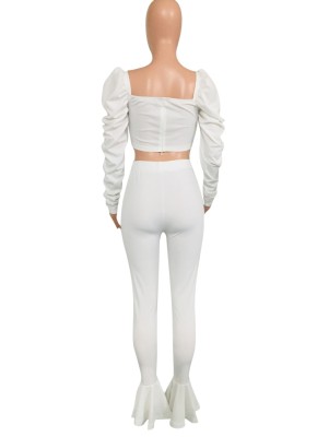 Autumn Party Sexy White Lace-Up Crop Top and Bell Pants Set