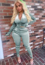 Winter Casual Light Green Velvet Crop Top and Pants 2 Piece Tracksuit