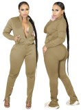 Autumn Casual Khaki Zipper Top and Slit Pants 2PC Tracksuit