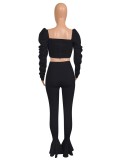 Autumn Party Sexy Black Lace-Up Crop Top and Bell Pants Set
